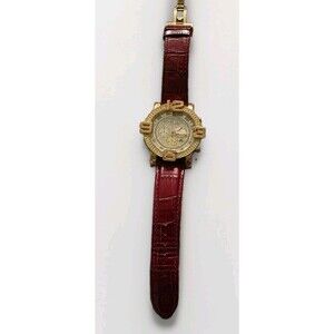 Techno Com by Kc Chronograph Gold Tone Crystal Pave Red Leather Strap 5ATM